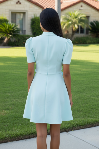 High-Neck Puff-Sleeve Mini Dress with 3D Florals