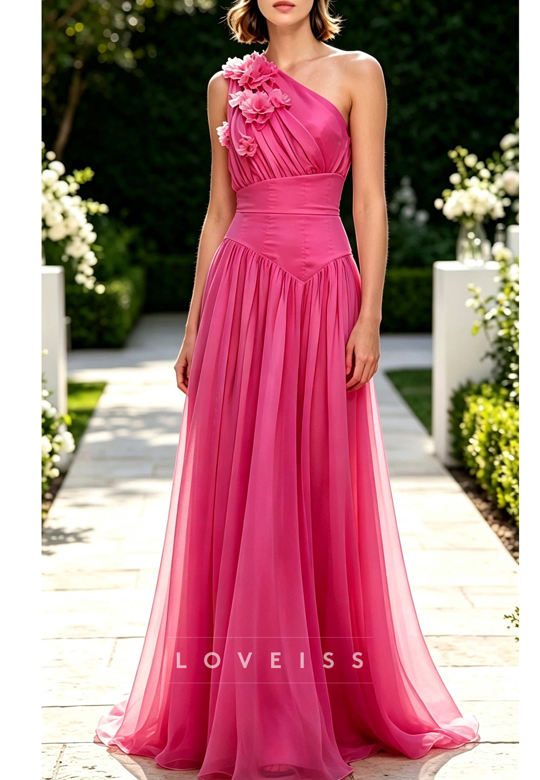 One-Shoulder Floral Applique A-Line Maxi Dress