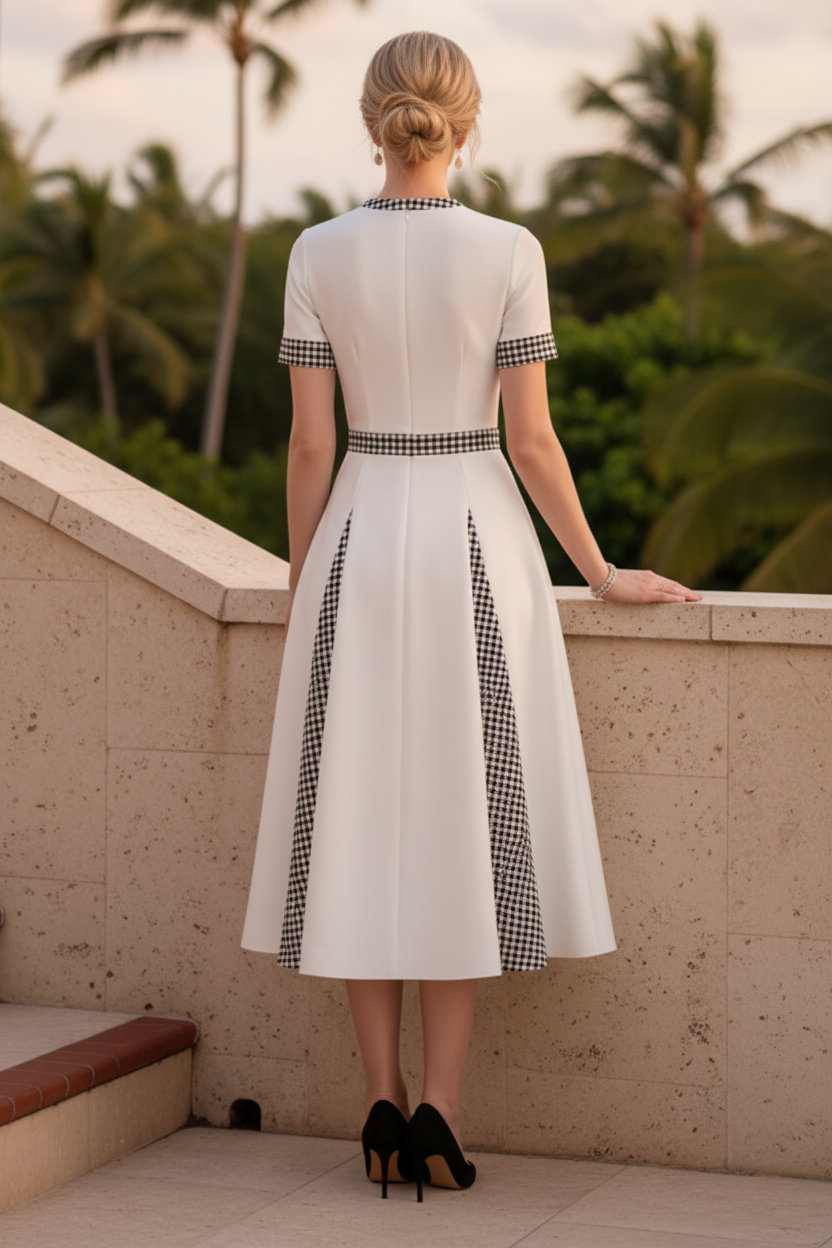 Houndstooth Panel A-Line Midi Dress