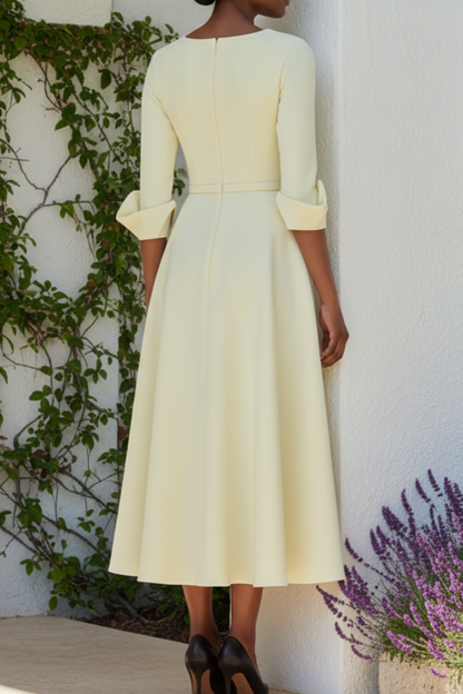 Square Neck Belted Midi Dress with Statement Cuffs