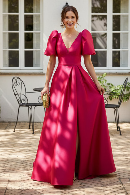V-Neck Puff Sleeve Satin Gown with High Slit