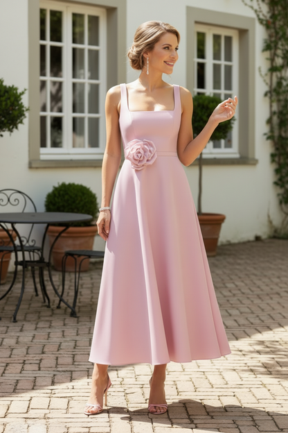Square Neck Satin Tea-Length Dress with 3D Flower