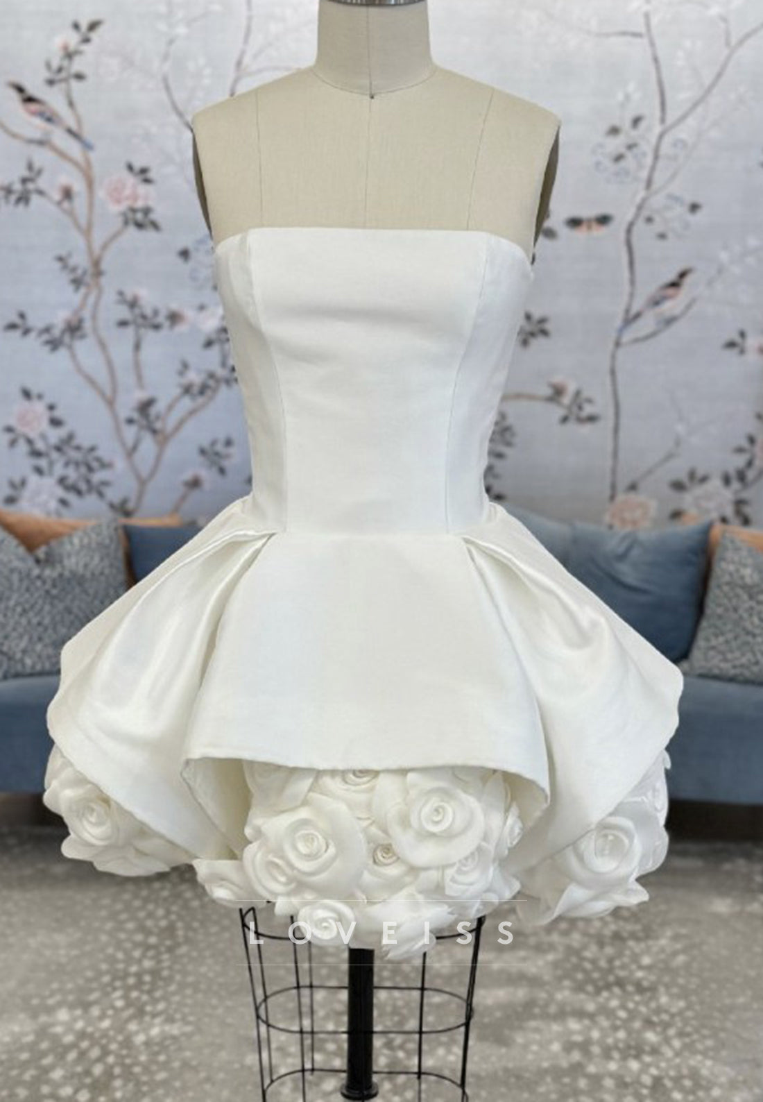 Strapless Mini Wedding Dress with 3D Rose Skirt