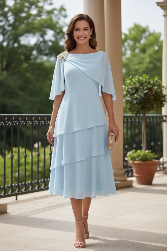 Tiered Midi Dress with Beaded Cape Overlay