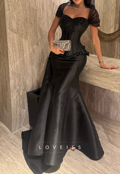 Corset Evening Gown with Beaded Cups and Overskirt