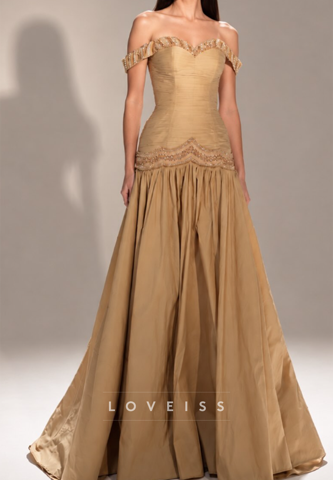 Drop-Waist Ball Gown with Beaded Chevron Trim