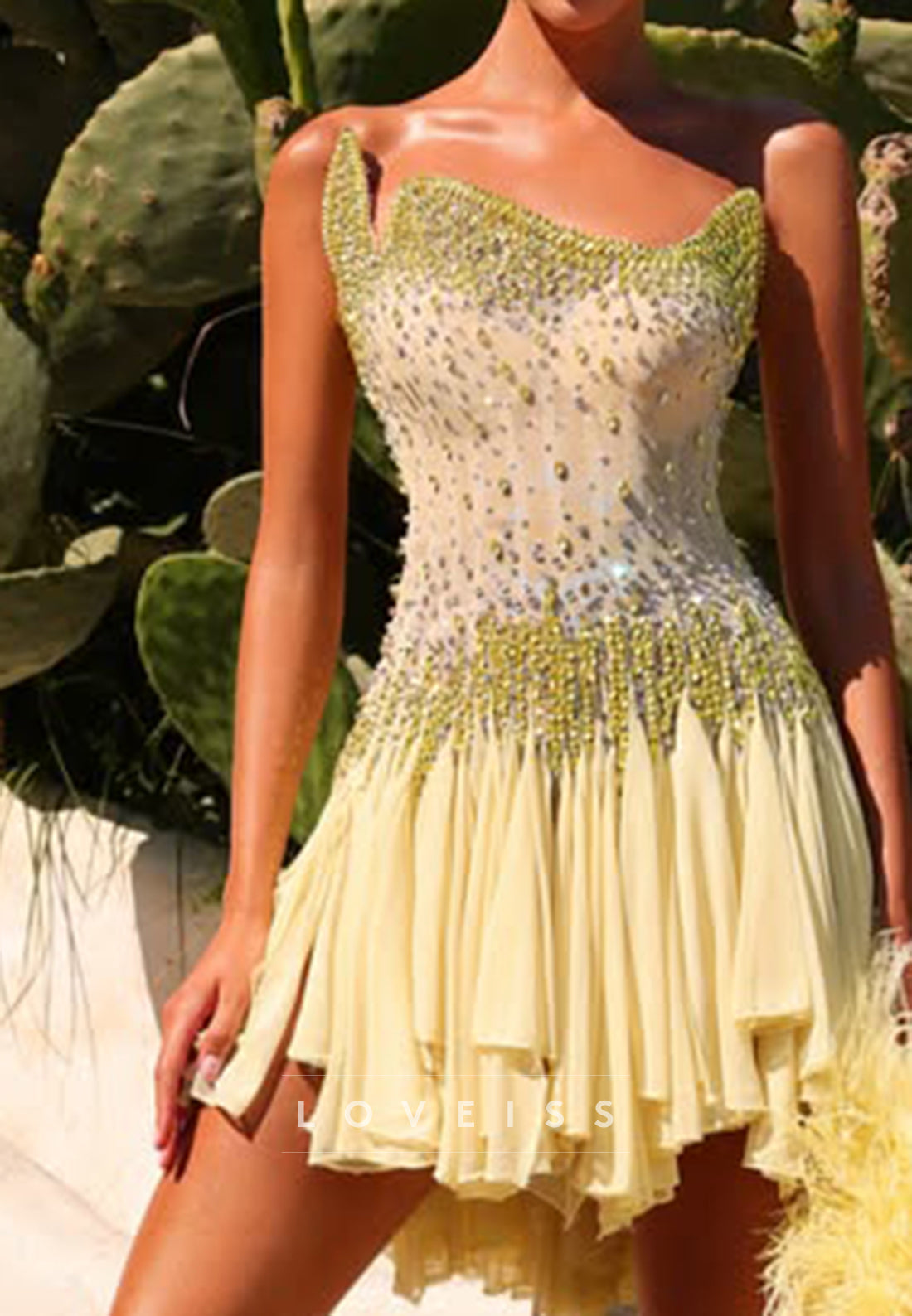 Crystal-Beaded Illusion Bodice Mini Dress with Ruffle Skirt
