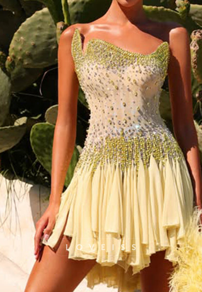 Crystal-Beaded Illusion Bodice Mini Dress with Ruffle Skirt