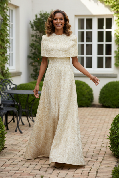 Jacquard A-Line Evening Gown with Cape Overlay