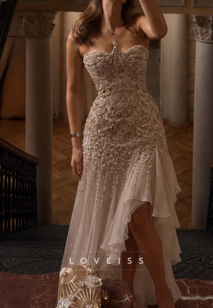 Strapless Beaded High-Low Gown with Ruffles