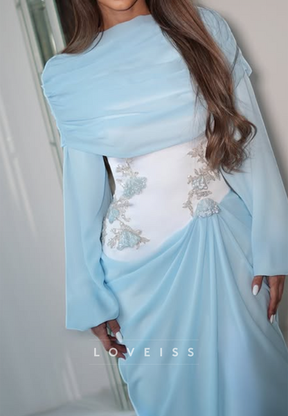 Draped Chiffon Corset Evening Gown with Long Sleeves