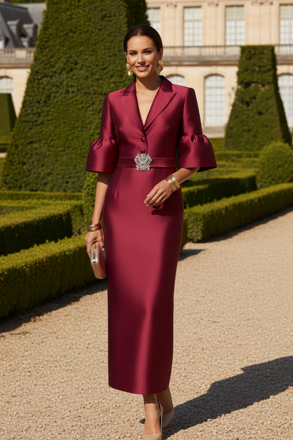 Lapel Collar Column Dress with Bell Sleeves & Belt