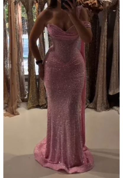 One-Shoulder Cowl Sequin Mermaid Evening Gown