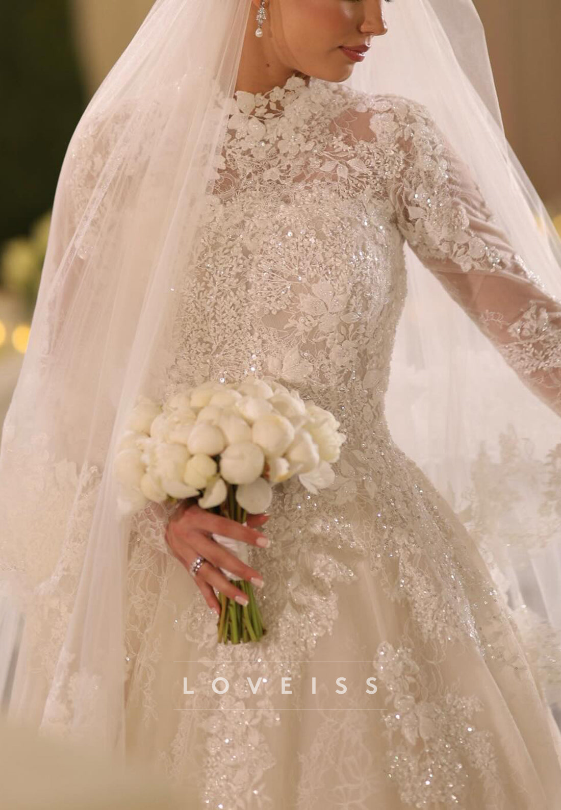 High Neck Lace Long Sleeve Ball Gown