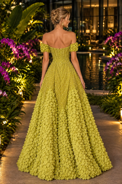 Beaded Petal A-Line Gown with Flutter Sleeves