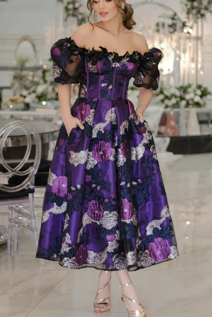 Off-the-Shoulder Floral Jacquard Midi Dress with Pockets