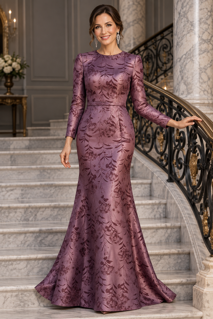 Floral Jacquard Long Sleeve Mermaid Evening Gown