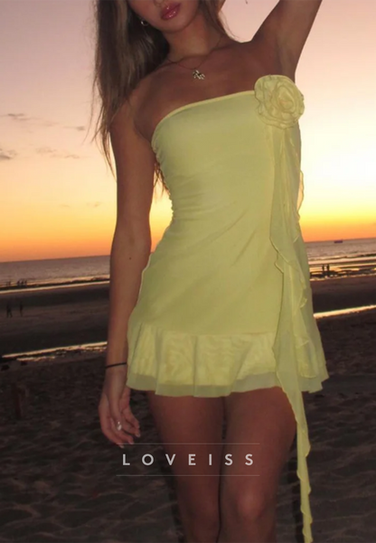 Strapless Ruffle Mini Dress with 3D Flower