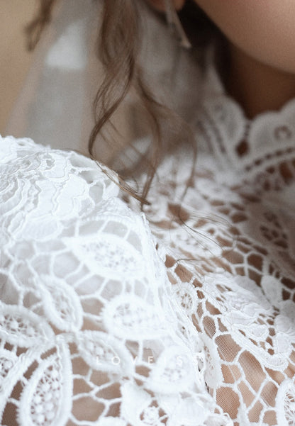 High Neck Lace Wedding Dress with Peplum