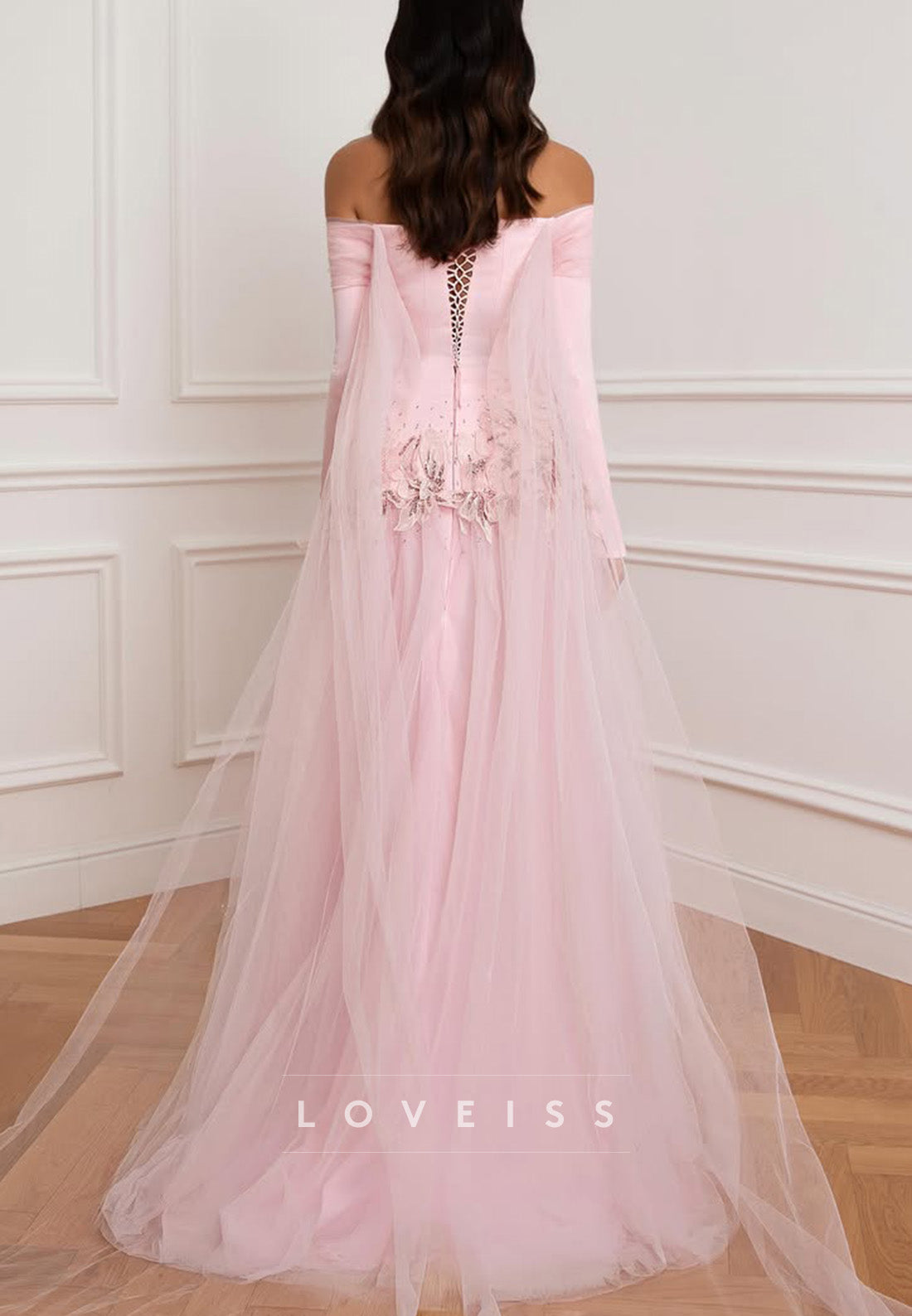 Off-the-Shoulder Tulle Gown with Appliqué Waist