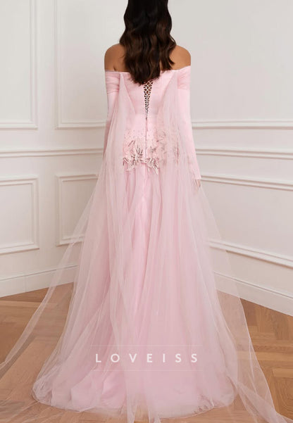 Off-the-Shoulder Tulle Gown with Appliqué Waist