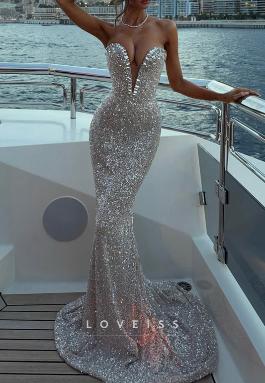 Strapless Deep V-Neck Sequin Mermaid Evening Gown