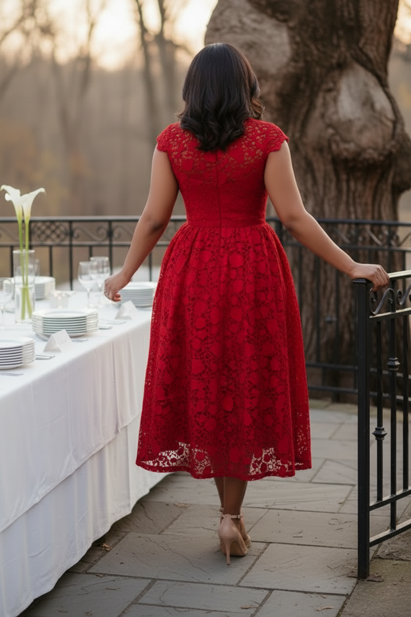 Lace High Neck Fit and Flare Midi Dress with Pockets