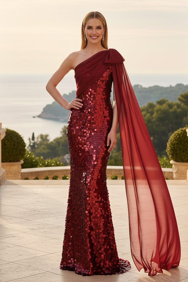 One Shoulder Sequin Gown with Chiffon Cape Train