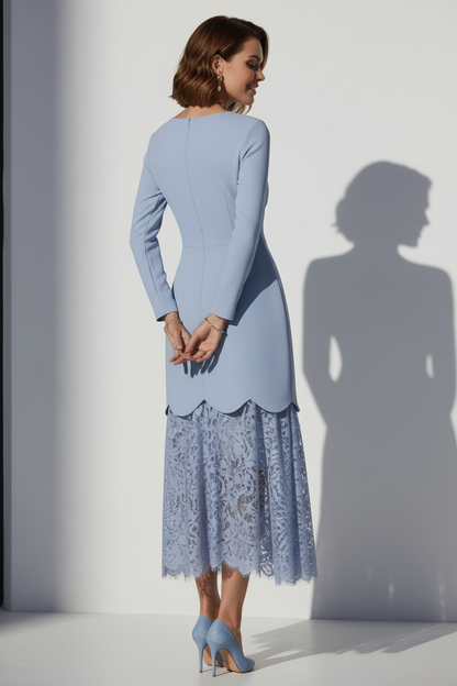 Scalloped Crepe and Lace High-Low Midi Dress