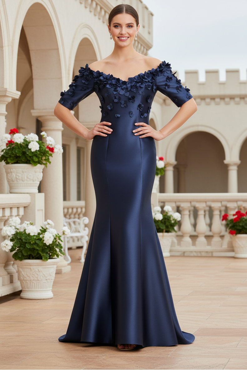 Off-the-Shoulder 3D Floral Satin Mermaid Gown