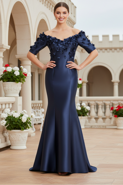 Off-the-Shoulder 3D Floral Satin Mermaid Gown