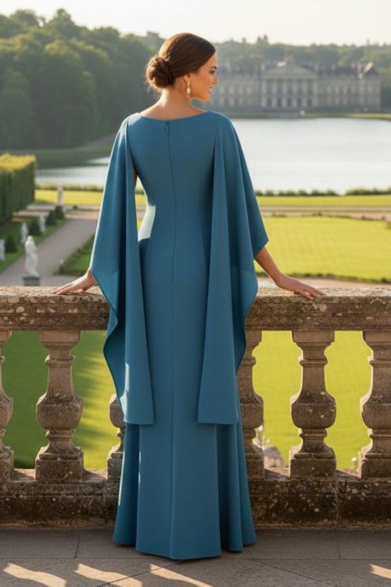 Cape Evening Gown with 3D Floral Appliques
