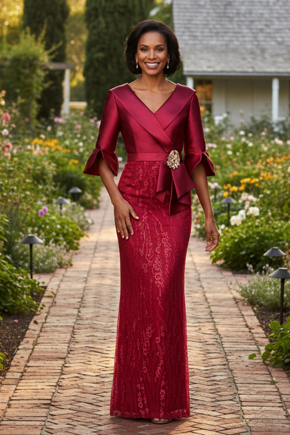 Wrap Bodice Lace Column Evening Gown