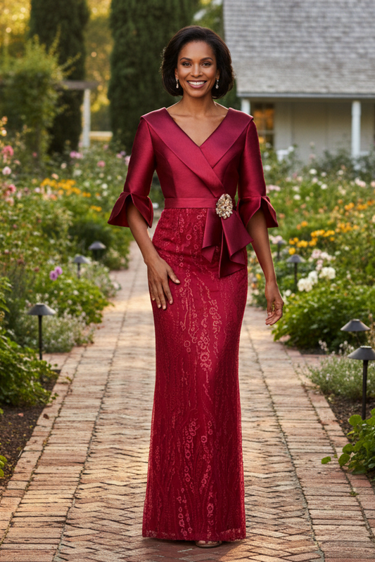 Wrap Bodice Lace Column Evening Gown