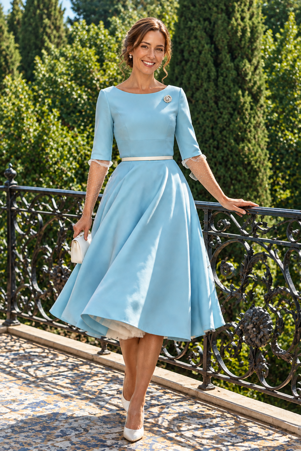 A-Line Midi Dress with Elbow Sleeves and Belt