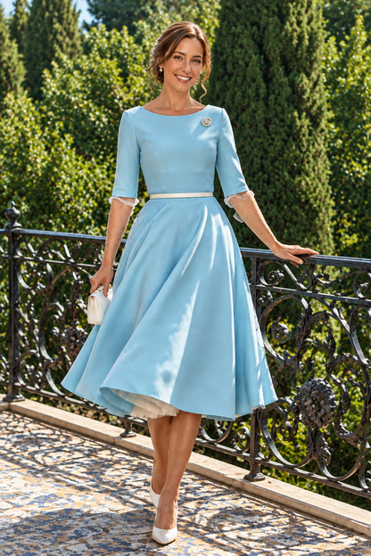 A-Line Midi Dress with Elbow Sleeves and Belt