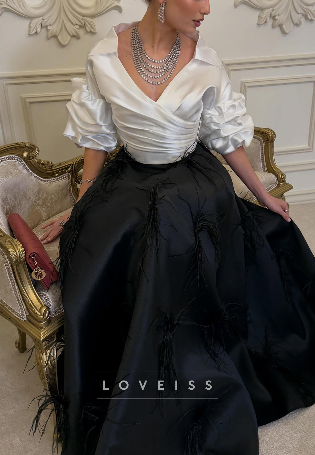 Satin Wrap Bodice Gown with Feather Skirt