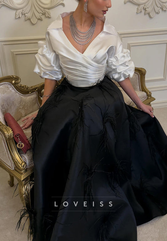 Satin Wrap Bodice Gown with Feather Skirt