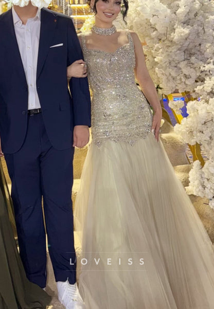 Beaded Mermaid Evening Gown with Pleated Tulle Skirt