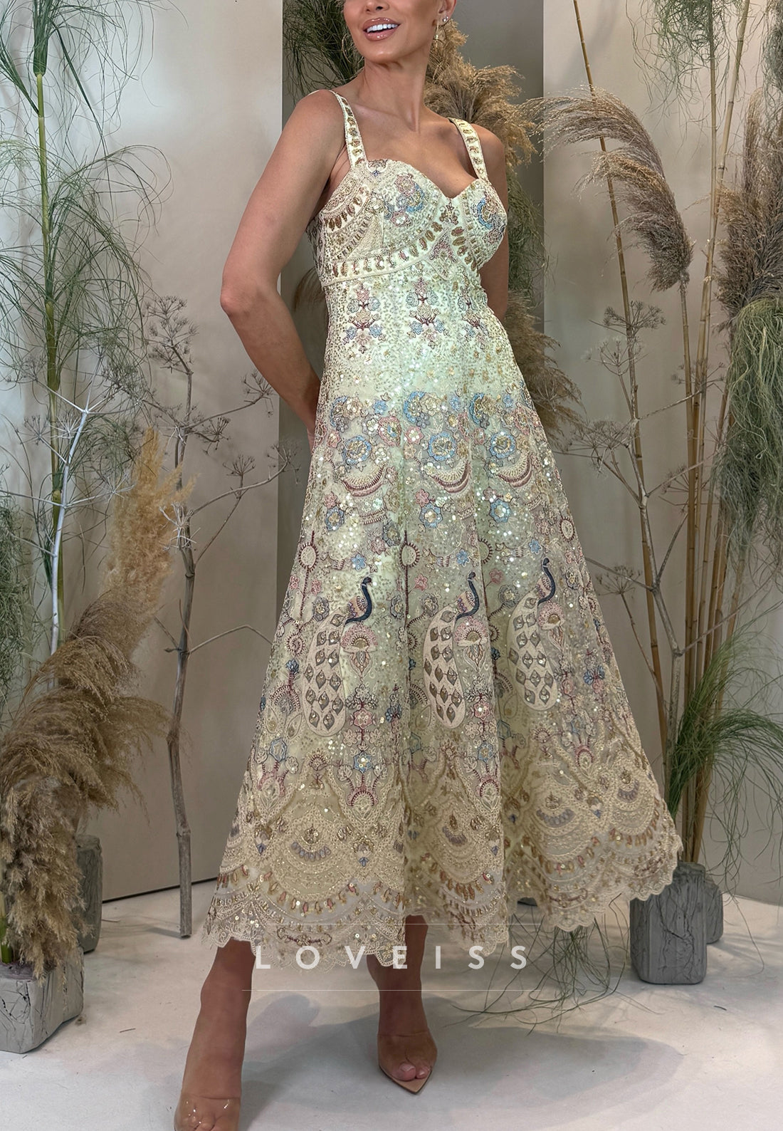 Sequin Embroidered Peacock A-Line Midi Dress