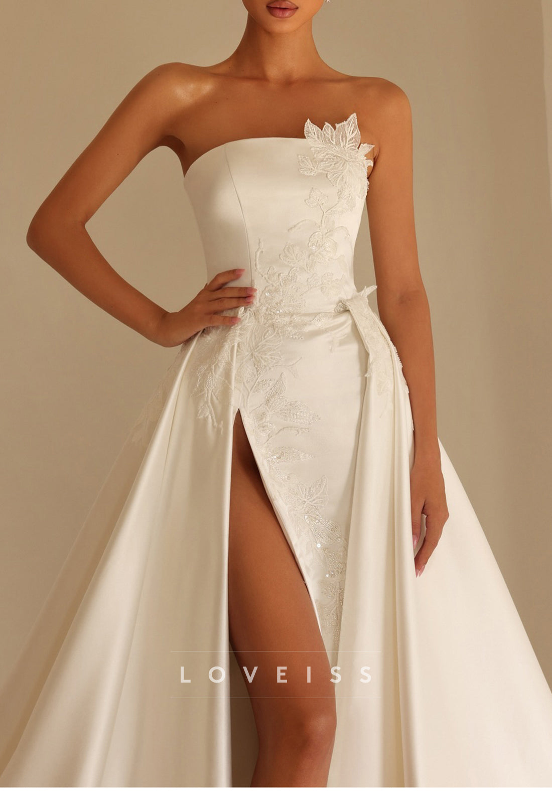 Strapless Satin Gown with Detachable Overskirt & Slit
