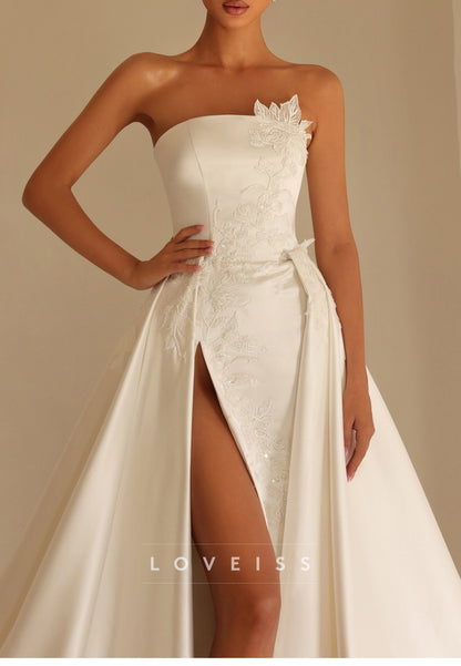 Strapless Satin Gown with Detachable Overskirt & Slit