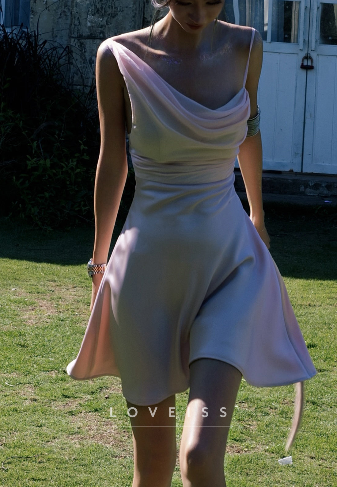 Cowl Neck One Shoulder Satin Mini Dress