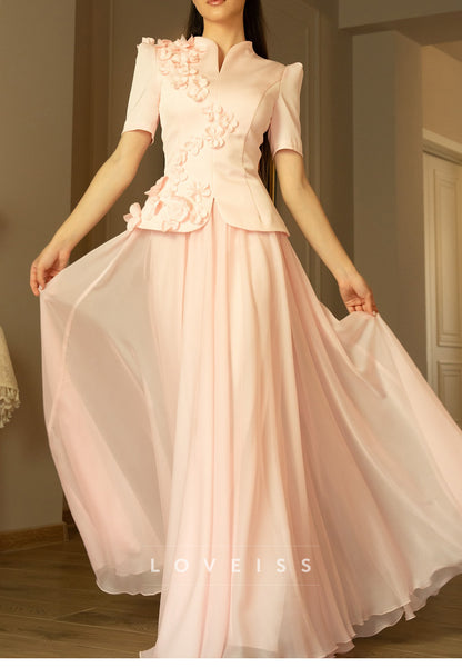 Floral Applique Peplum Top & Chiffon Skirt Set