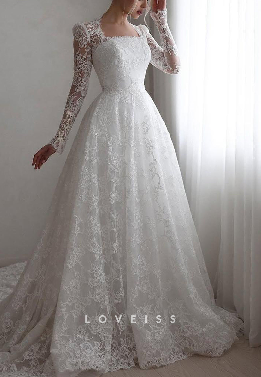 Long Sleeve High Neck A-Line Lace Wedding Gown