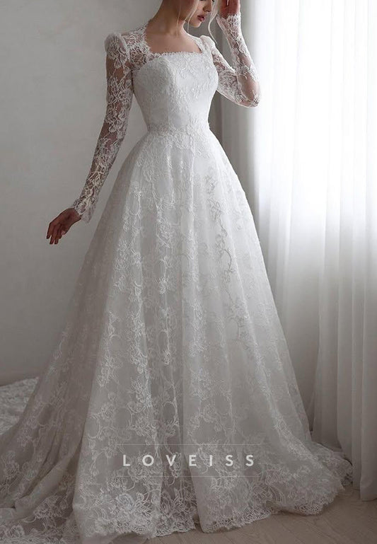 Long Sleeve High Neck A-Line Lace Wedding Gown