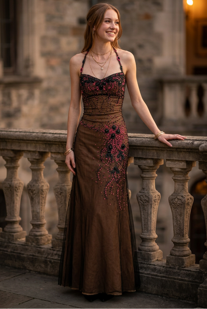 Beaded Halter Mermaid Evening Gown
