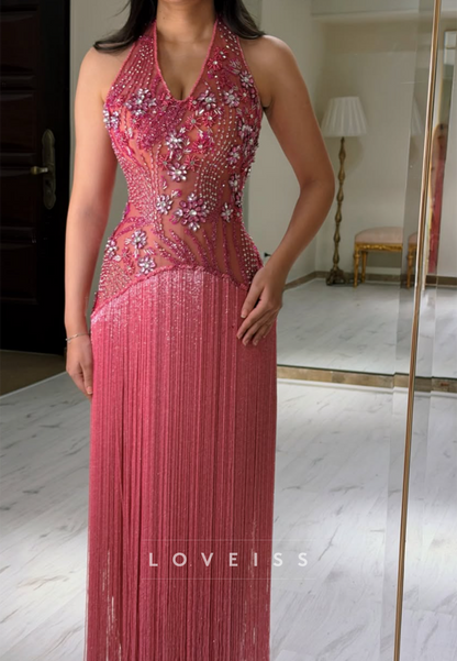 Halter Crystal Beaded Illusion Fringe Evening Gown