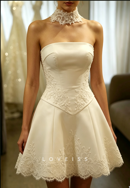 Strapless Lace Applique Satin Mini Wedding Dress