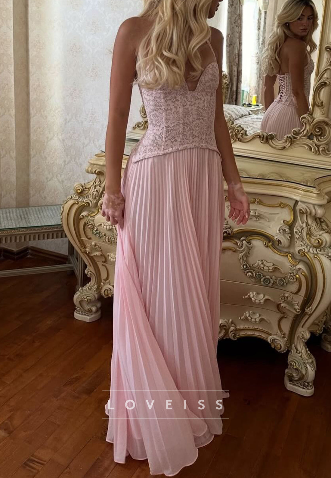 Lace Corset Pleated Maxi Dress with Lace-Up Back